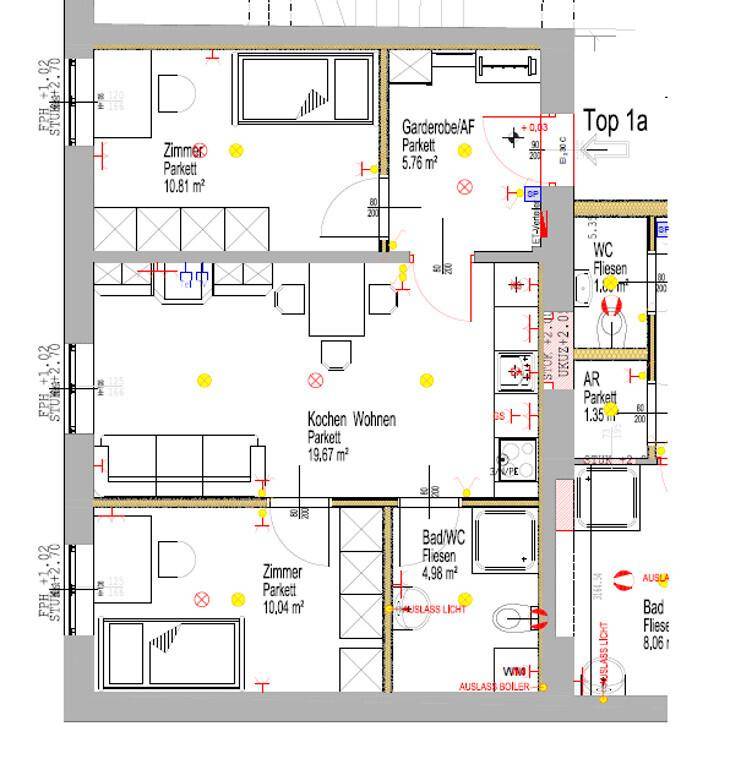Detaillierter Grundriss einer Wohnung mit offener Küche, Wohnbereich, Schlafzimmern und zwei Bädern.
