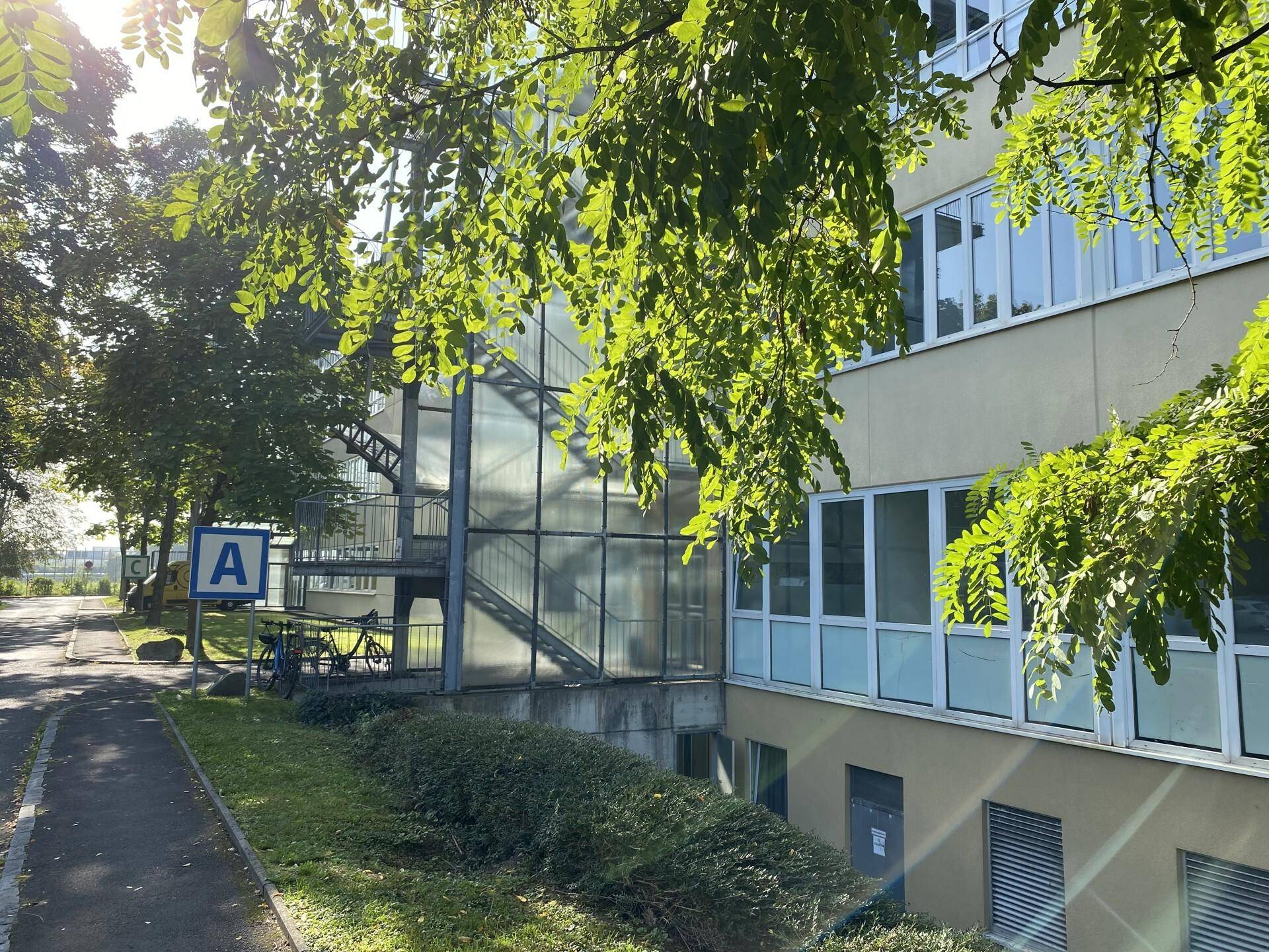 Außenansicht des Gebäudes mit einer externen Treppe und üppigem Grün in der Umgebung.