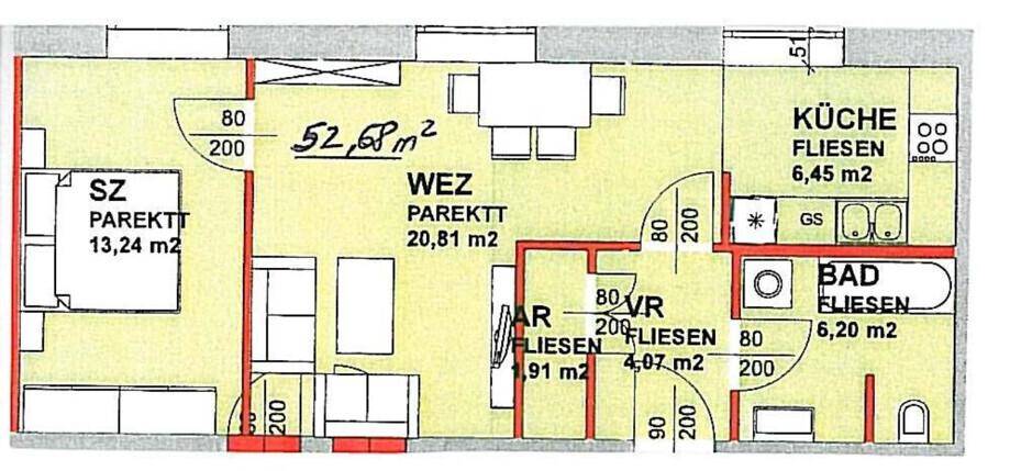 Grundriss der Wohnung mit Raumaufteilung und Flächenangaben in Quadratmetern.