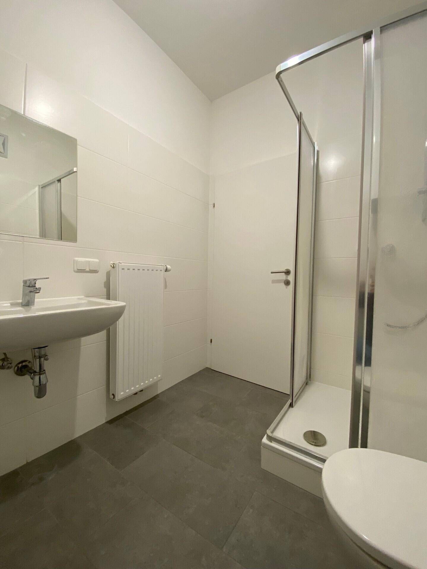 Helles Badezimmer mit Duschkabine, Waschbecken und Wandheizkörper, alles in modernem Design.
