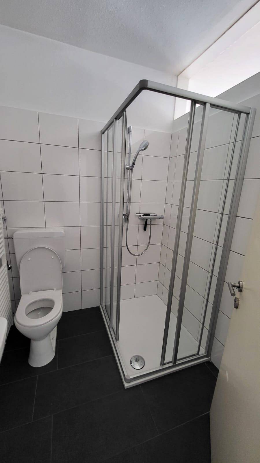 Helles Badezimmer mit Duschkabine, WC und weißen Wandfliesen auf dunklem Boden.