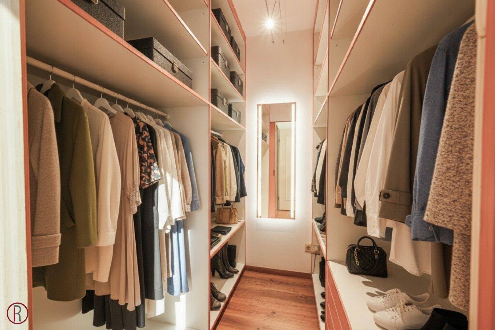 Praktischer begehbarer Kleiderschrank mit viel Stauraum und integriertem Spiegel.