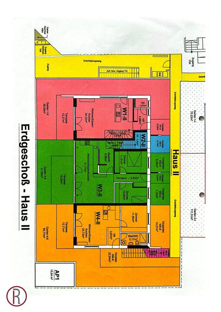 Detaillierter Grundriss des Erdgeschosses von Haus II mit mehreren Wohnungen und Terrassen.