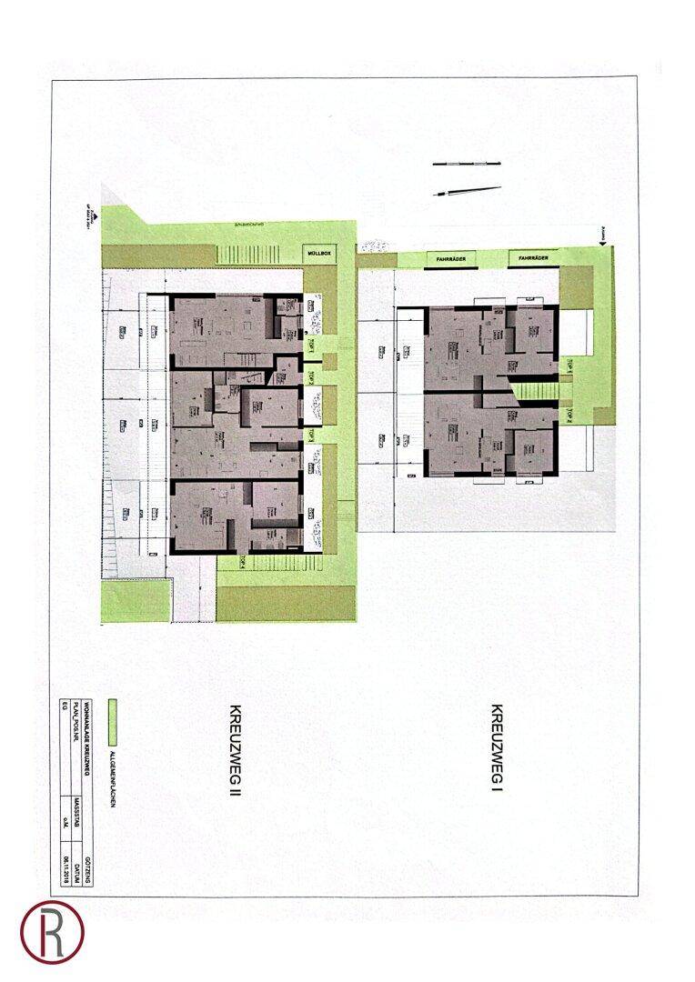Übersichtsplan der Gebäude "Kreuzweg I" und "Kreuzweg II" mit Außenanlagen und Parkplätzen.