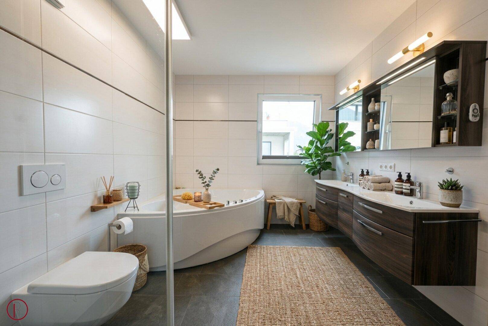 Modernes Badezimmer mit Doppelwaschbecken, großer Badewanne und separatem WC, hell gefliest und mit Fenster.