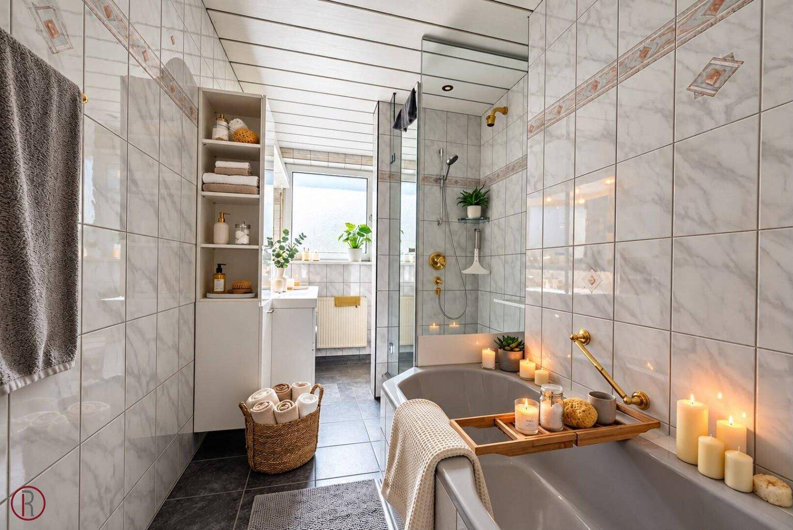 Helles Badezimmer mit weißen Fliesen, Badewanne und integrierter Duschfunktion.