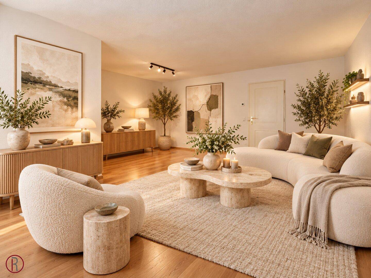 Helles, modern eingerichtetes Wohnzimmer mit beigem Teppich, bequemer Couch und Holzboden.