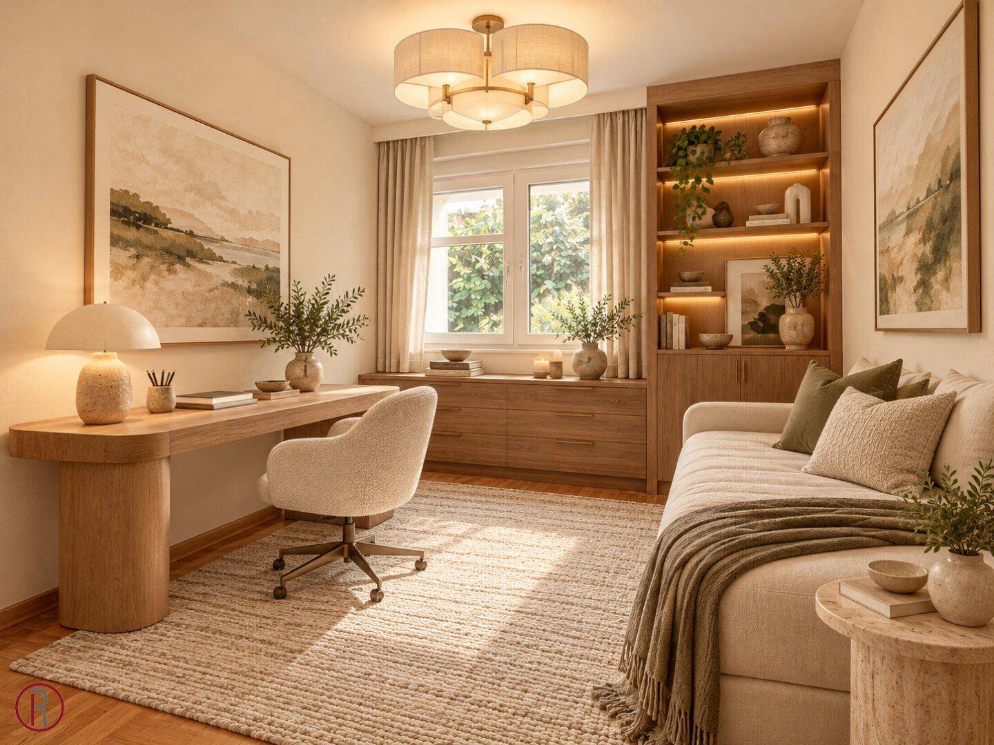 Helles Arbeitszimmer mit Schreibtisch, Bücherregal und Tagesbett, ideal für Gäste.