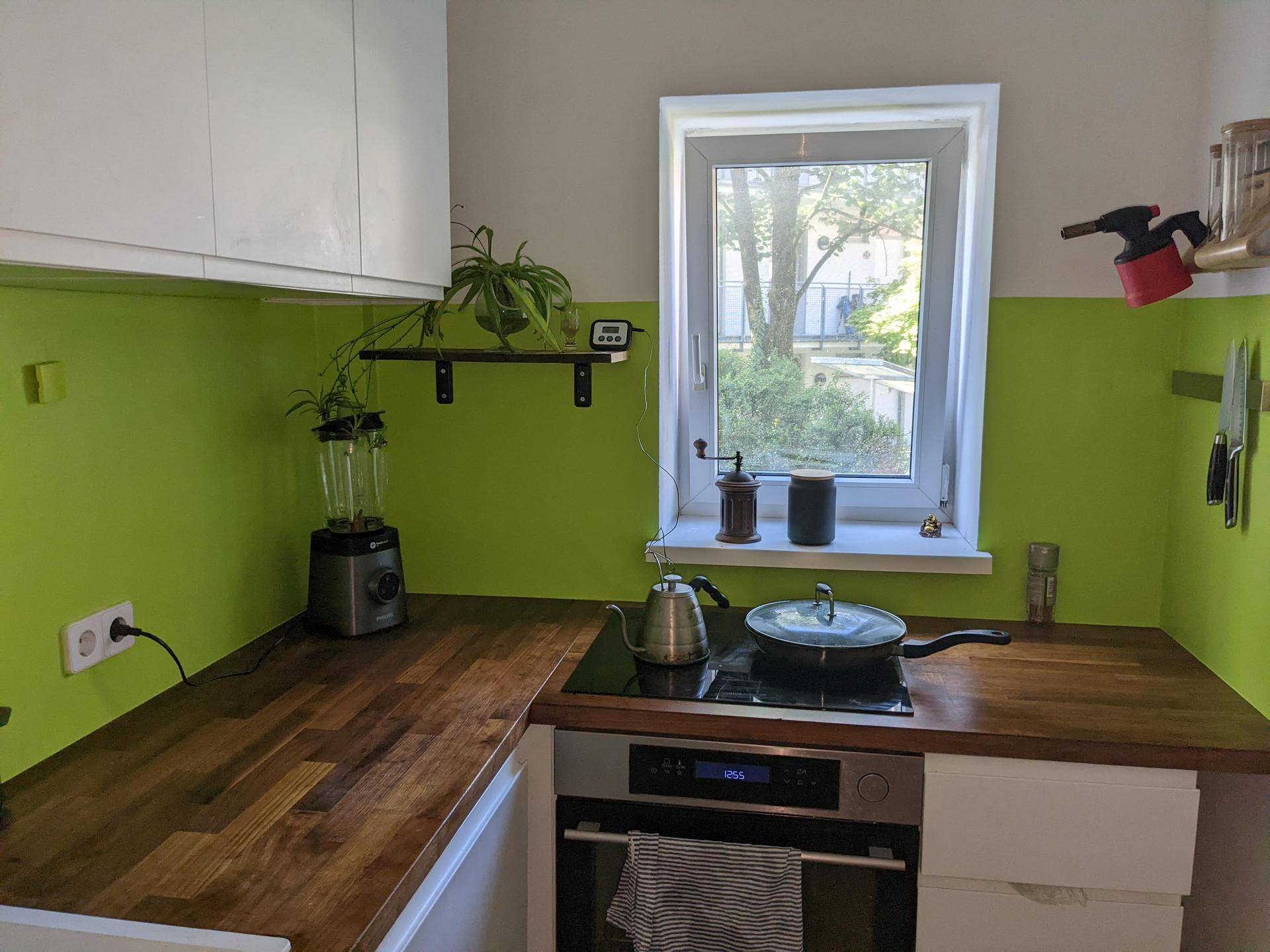 Moderne Küche mit grüner Rückwand, Holzarbeitsplatten und Induktionskochfeld unter einem Fenster.