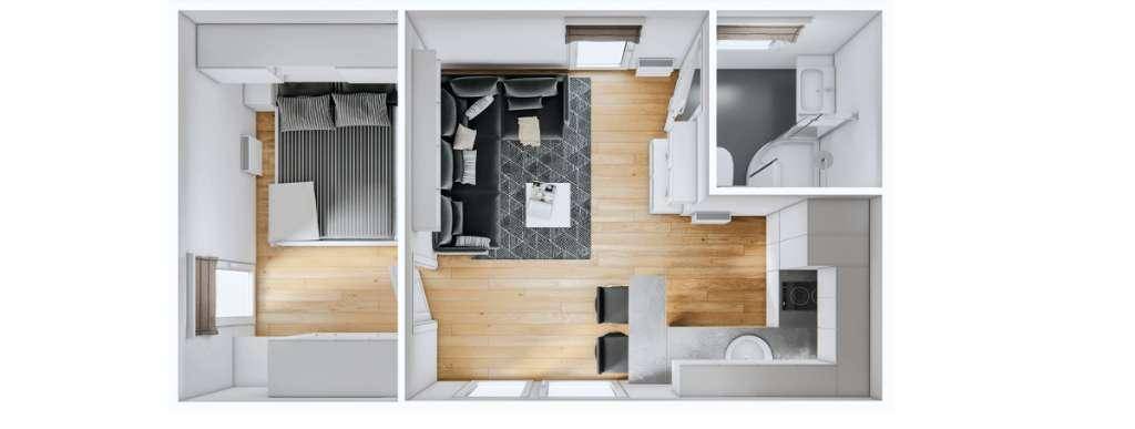 Übersichtlicher Grundriss mit Schlafzimmer, offenem Wohnbereich, Bad und Küche.