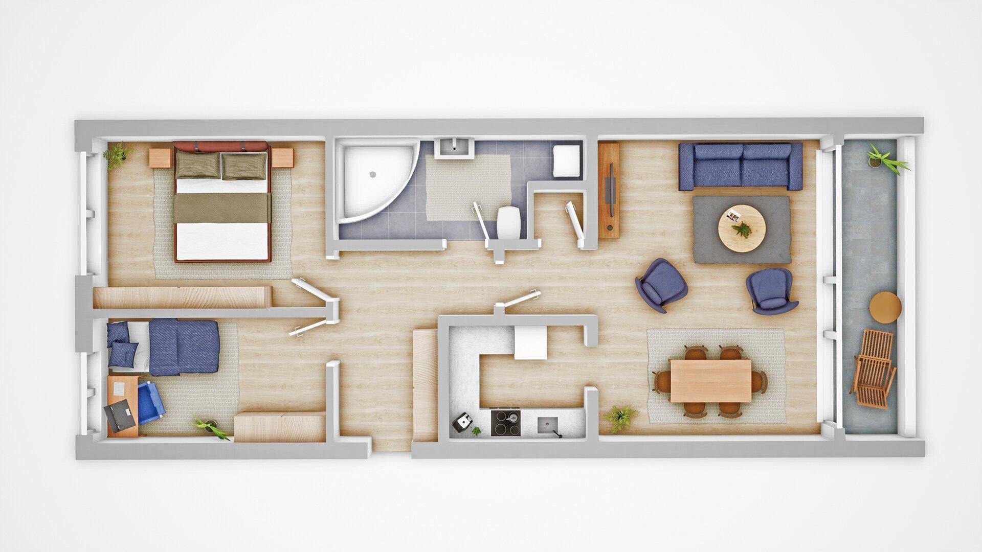 Grundriss einer modernen Wohnung mit zwei Schlafzimmern, offenem Wohnbereich, Bad und Balkon.
