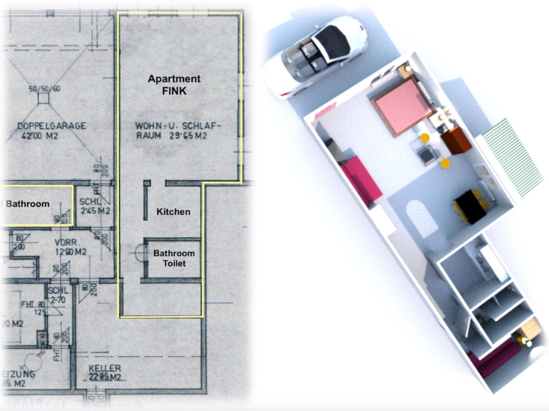 Grundriss und 3D-Visualisierung einer Wohnung mit Doppelgarage, Keller und Terrasse.