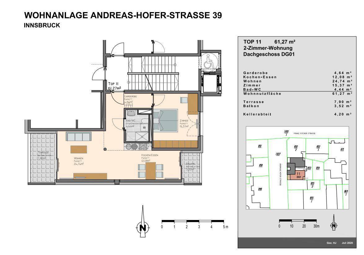 Detaillierter Grundriss einer 2-Zimmer-Wohnung mit Terrasse, Balkon und Kellerabteil.