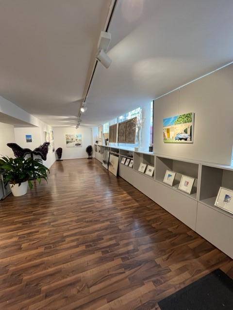 Langer Gewerberaum mit Laminatboden, Ausstellungsregalen und Fenstern, die natürliches Licht hereinlassen.