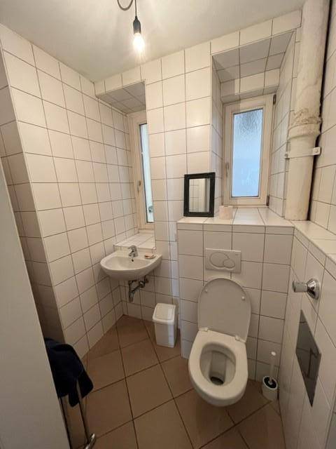 Kleines Badezimmer mit weißen Fliesen, Toilette, Waschbecken und zwei Fenstern für Tageslicht.