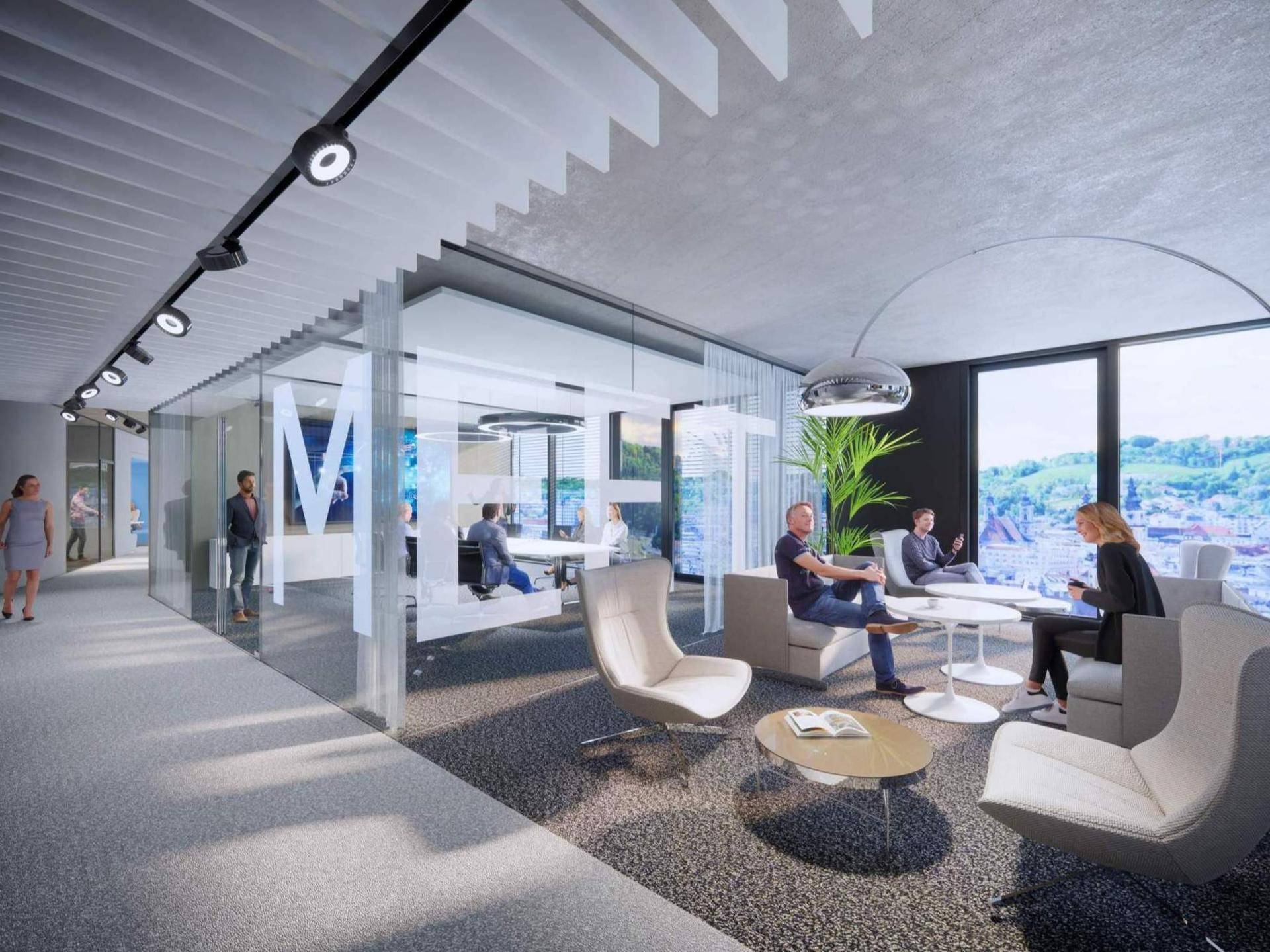 Moderne Bürolounge mit bequemen Sesseln, Glastrennwänden und weitem Ausblick auf die Landschaft.