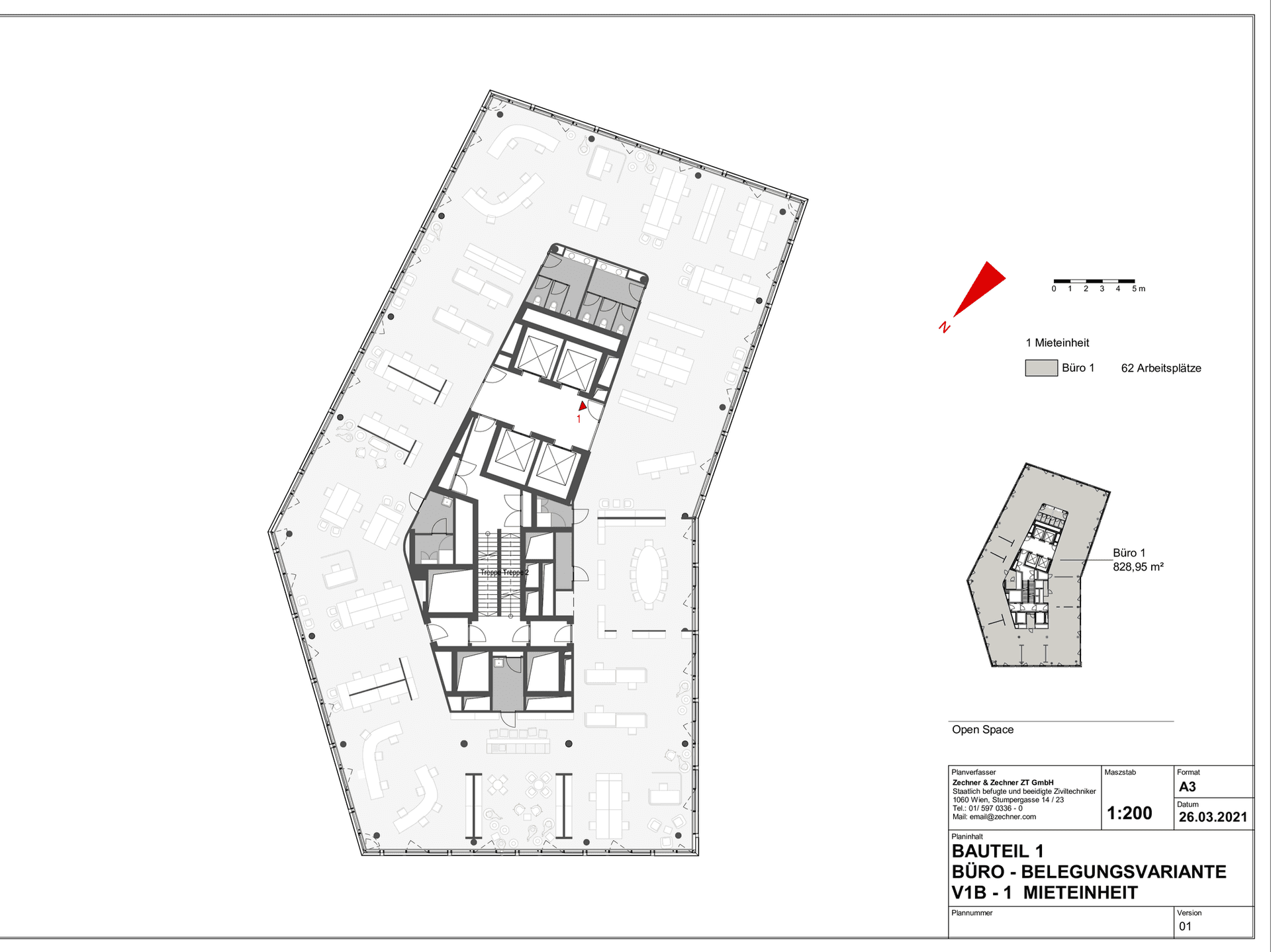 Grundriss für Büroeinheit mit 62 Arbeitsplätzen, präsentiert ein offenes Raumkonzept.