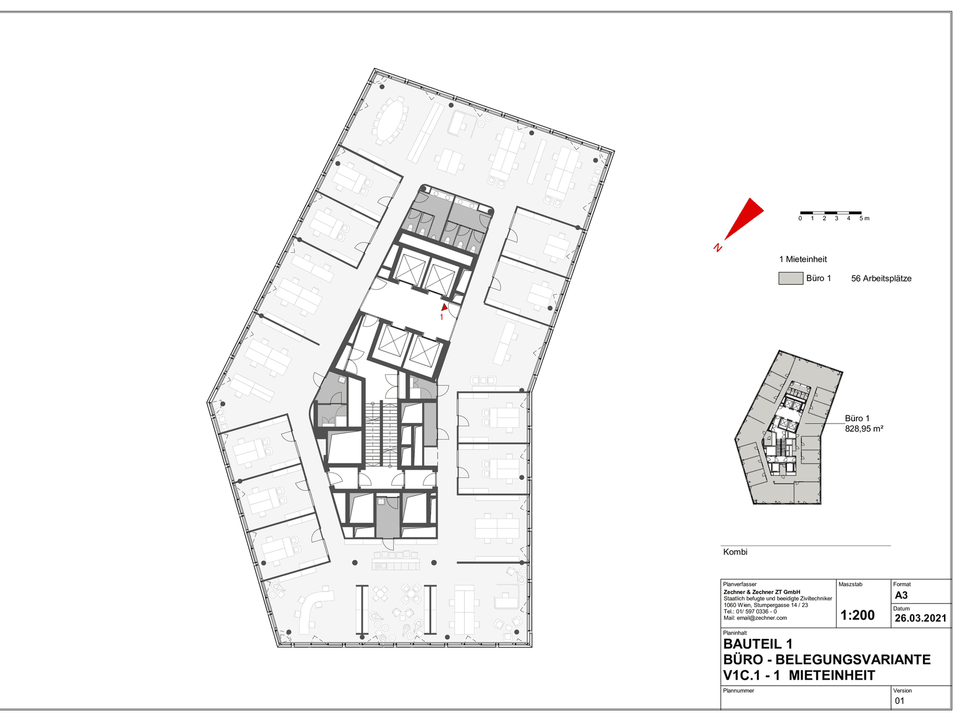 Grundriss für Büroeinheit mit 56 Arbeitsplätzen, zeigt ein Kombi-Bürokonzept mit offenen und geschlossenen Bereichen.