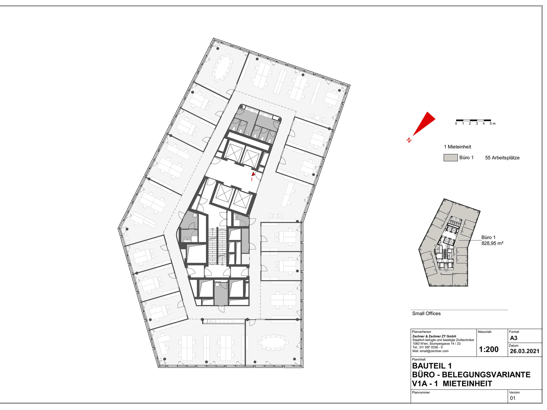 Grundriss für Büroeinheit mit 55 Arbeitsplätzen, zeigt eine Mischung aus Einzel- und Großraumbüros.