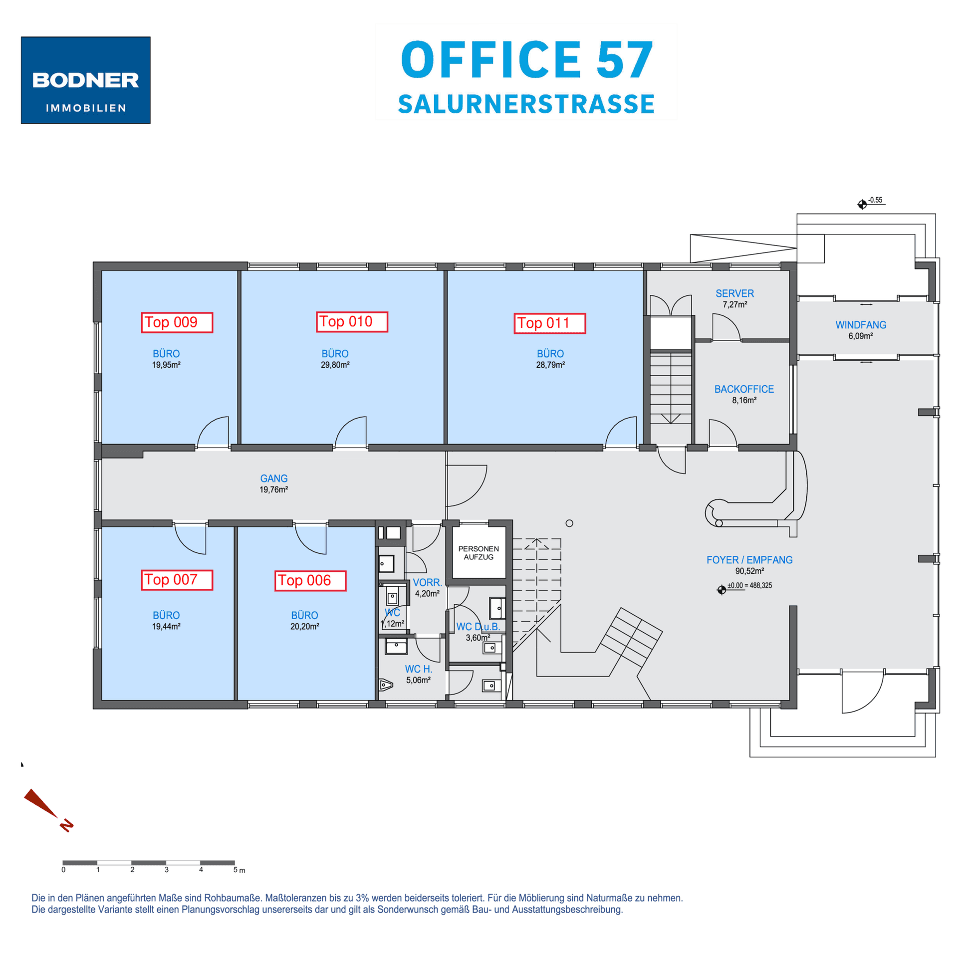 Grundrissplan des Bürogebäudes OFFICE 57 mit verschiedenen Büroeinheiten, Foyer und Sanitäranlagen.