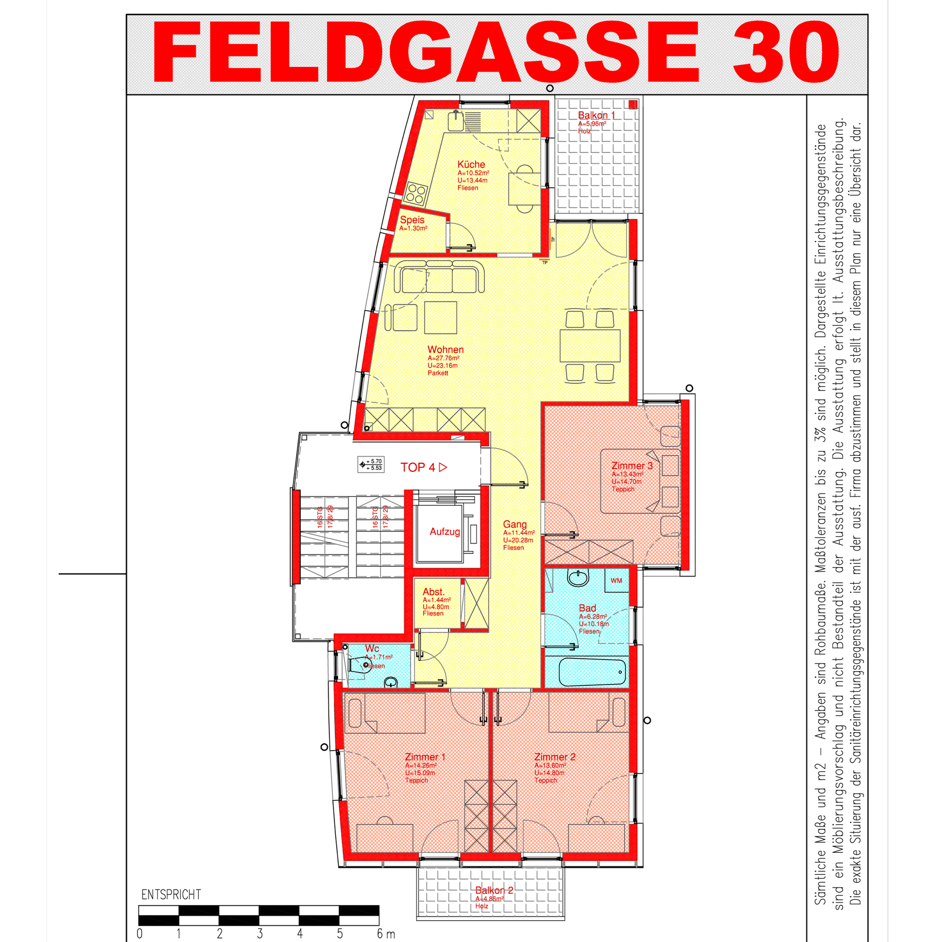 Detaillierter Grundriss einer Wohnung mit mehreren Zimmern, Bad und Balkonen.