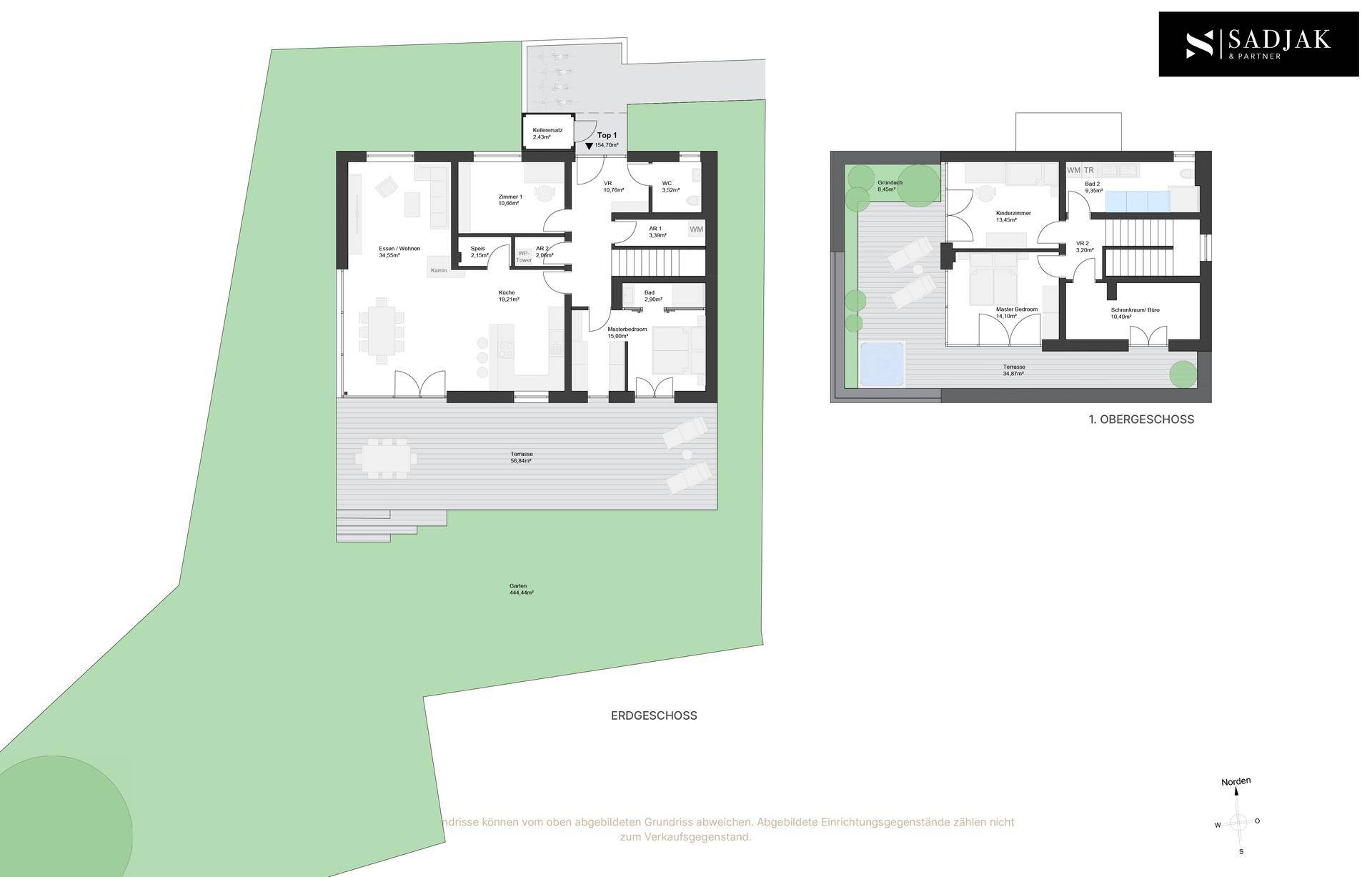 Grundrisse des Erdgeschosses und ersten Obergeschosses von Top 1 mit Terrasse und Balkon.