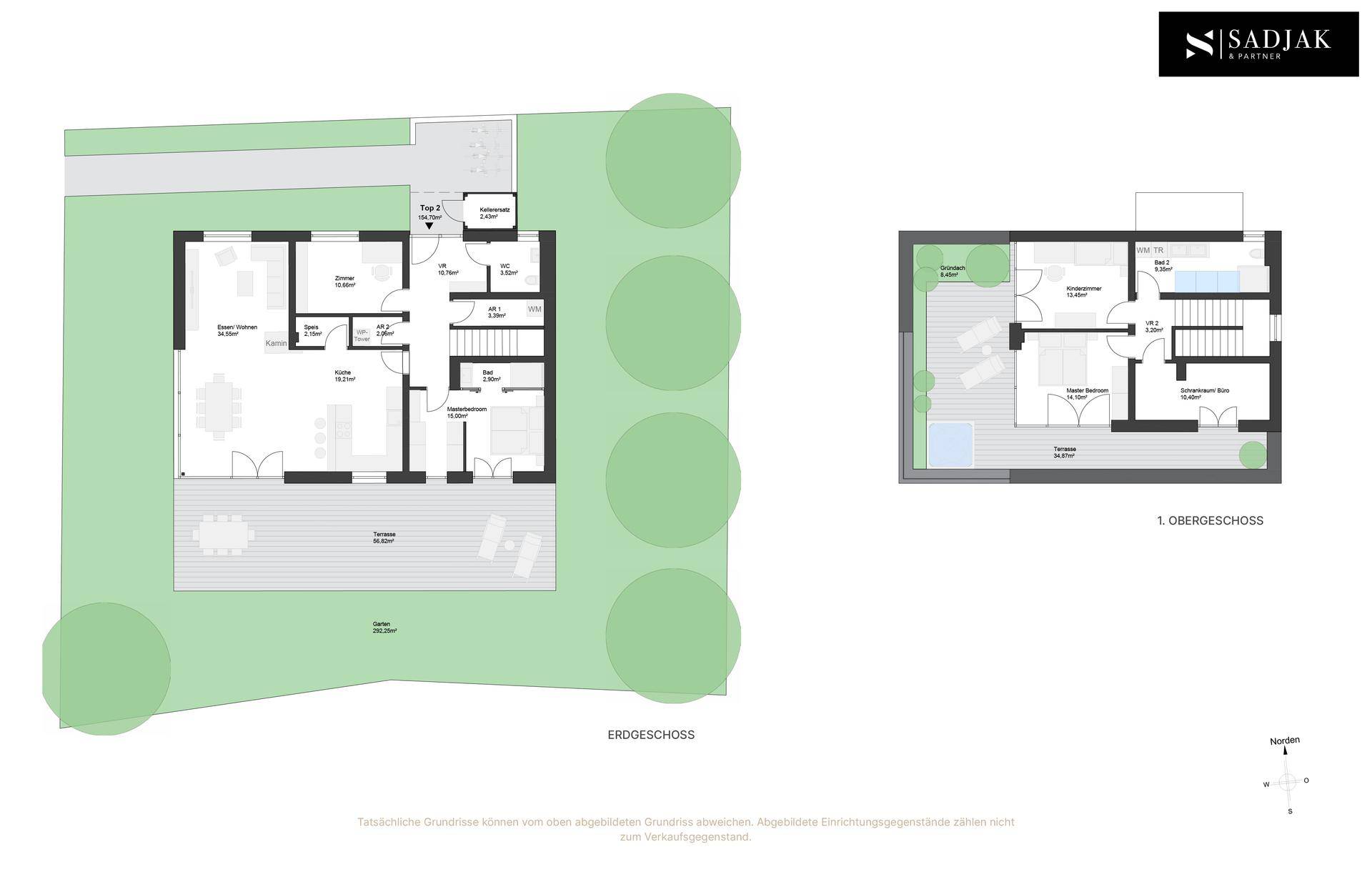 Detaillierte Grundrisse des Erdgeschosses und Obergeschosses mit Terrassen und Gartenbereichen.