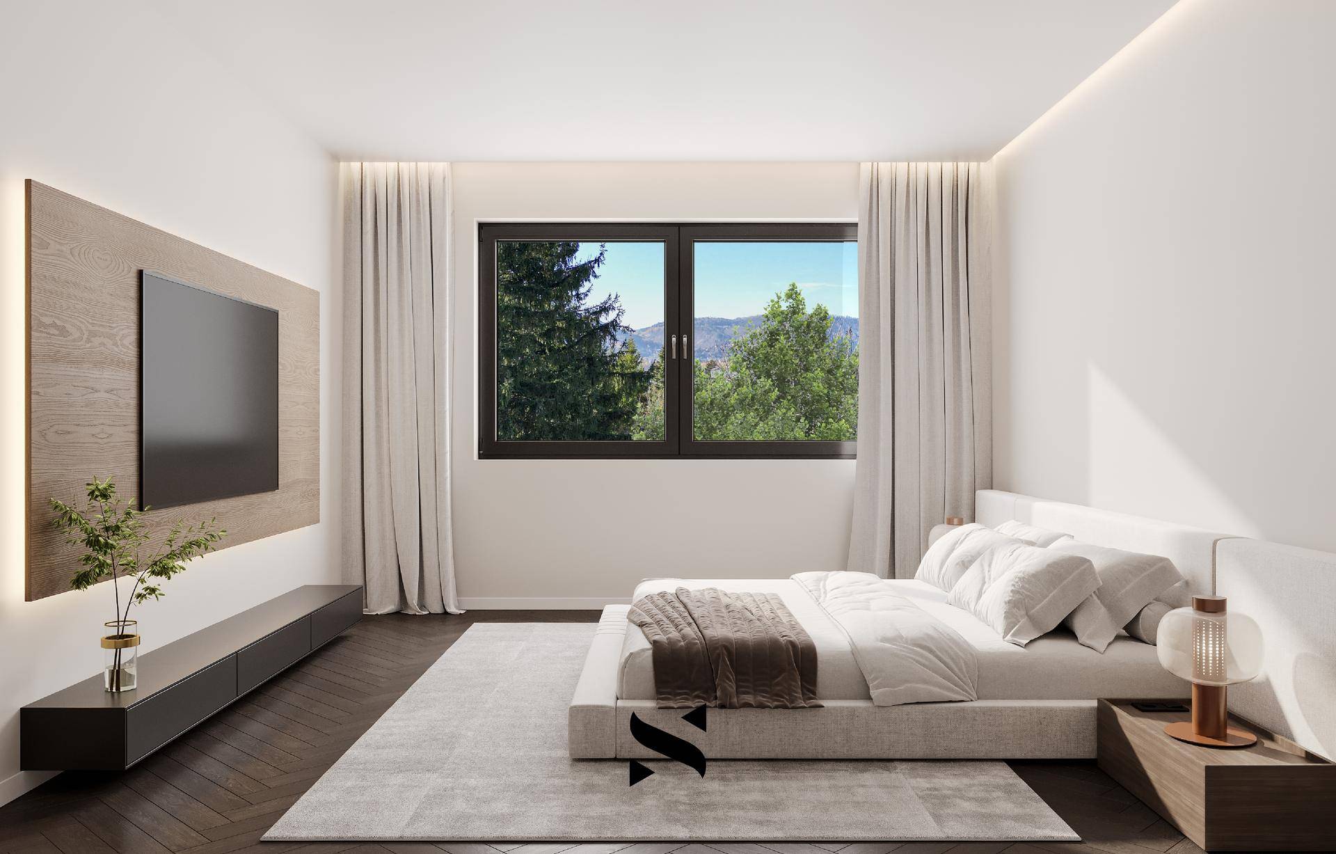 Helles Schlafzimmer mit modernem Design, Holzboden und Blick ins Grüne.