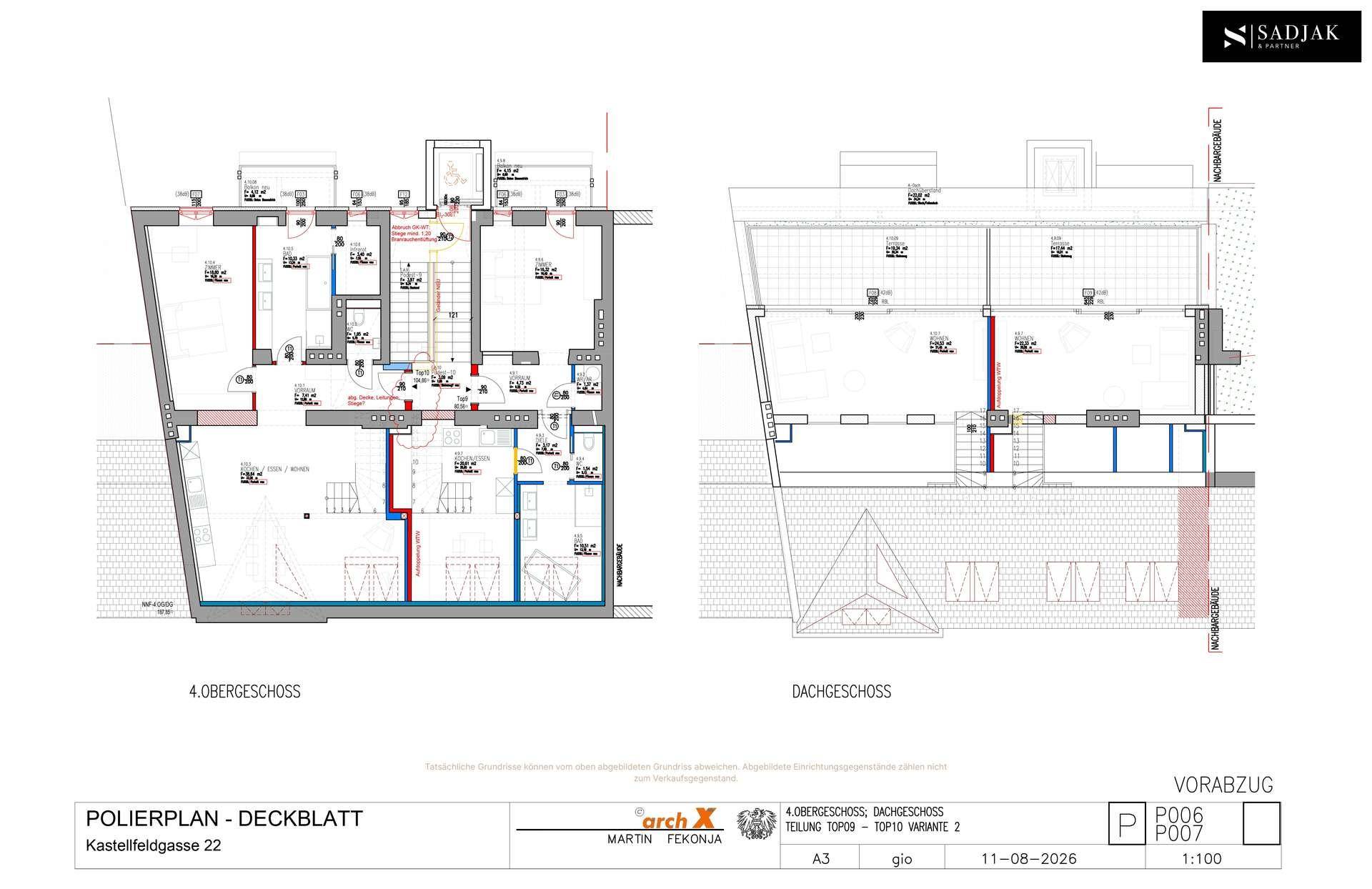 Detaillierter Polierplan des 4. Obergeschosses und Dachgeschosses mit Grundrissen.