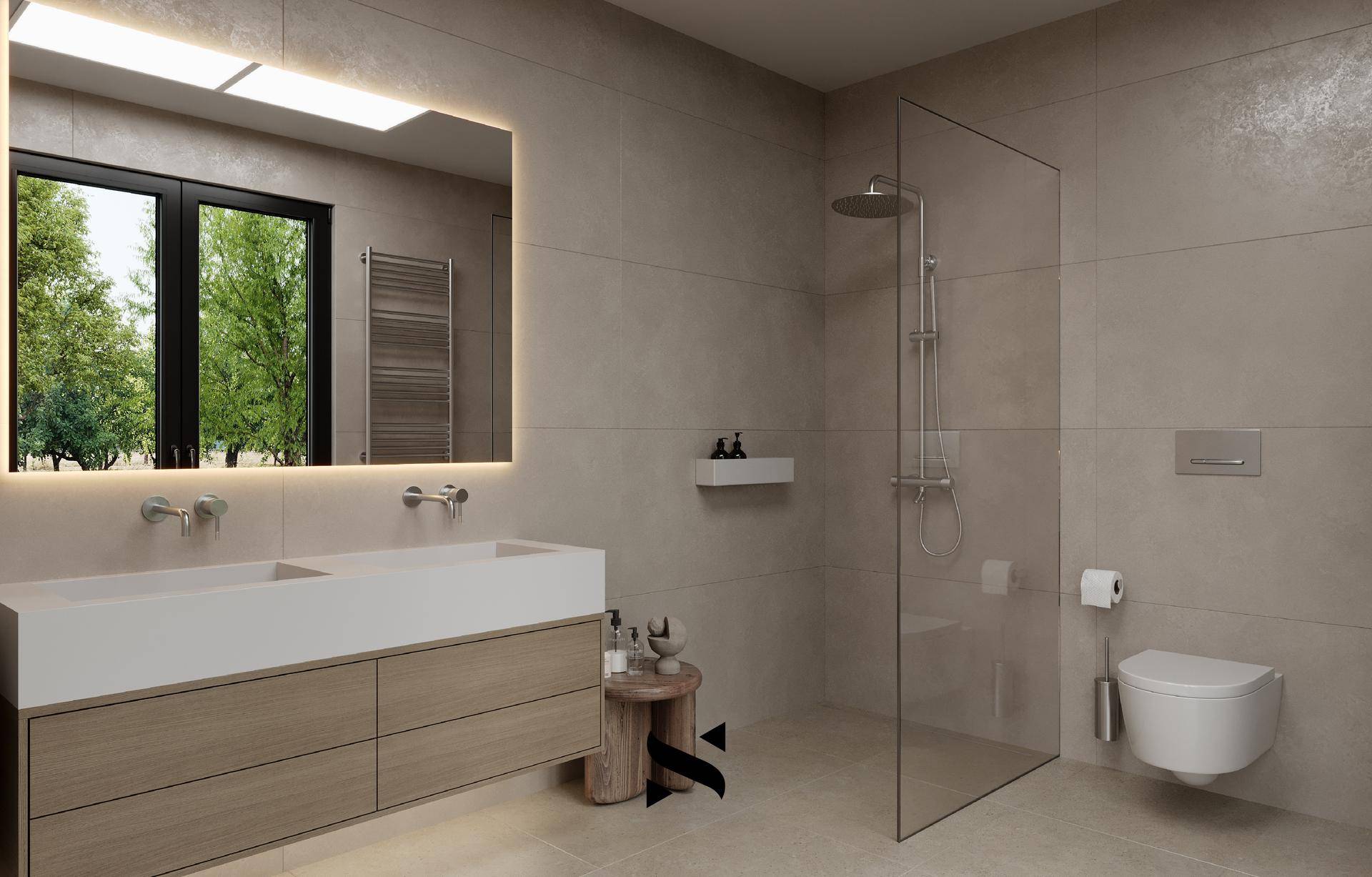Modernes Badezimmer mit Doppelwaschbecken, großer begehbarer Dusche und Fenster.