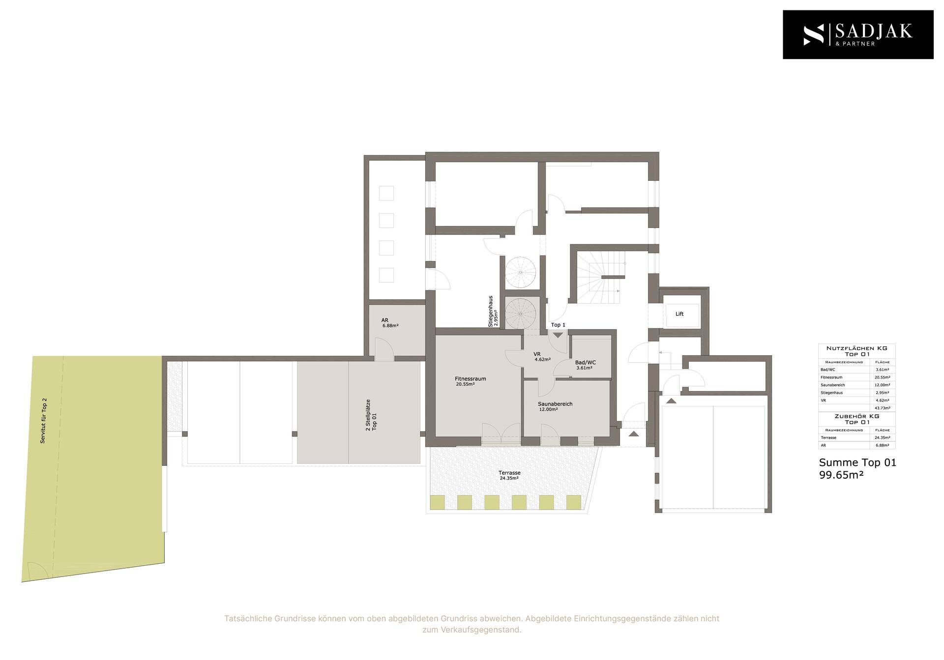 Grundriss des Untergeschosses mit Fitnessraum, Sauna und Terrasse.
