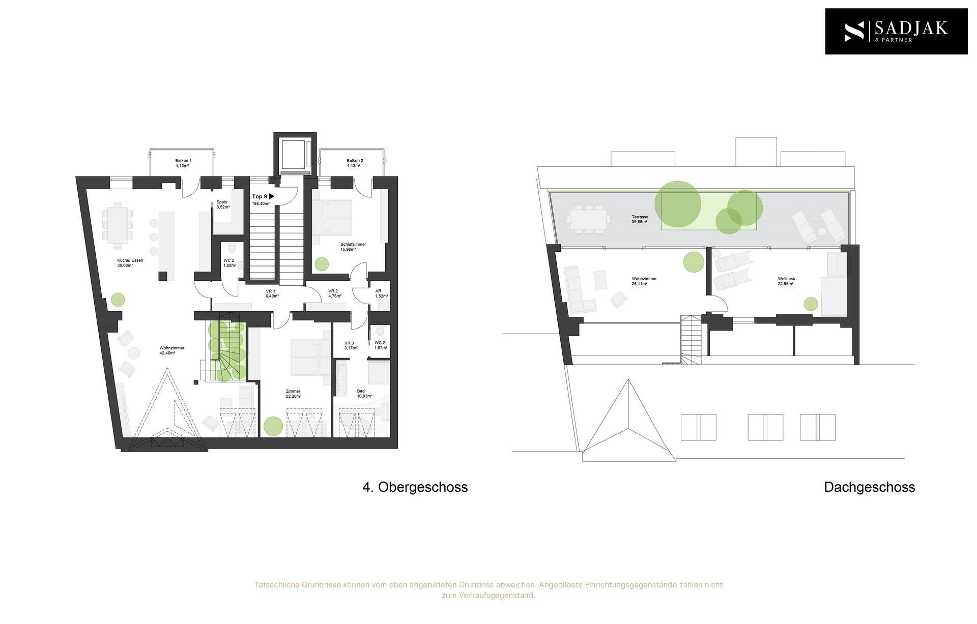 Grundrisse des 4. Obergeschosses und des Dachgeschosses mit Terrassen und offenem Wohnbereich.