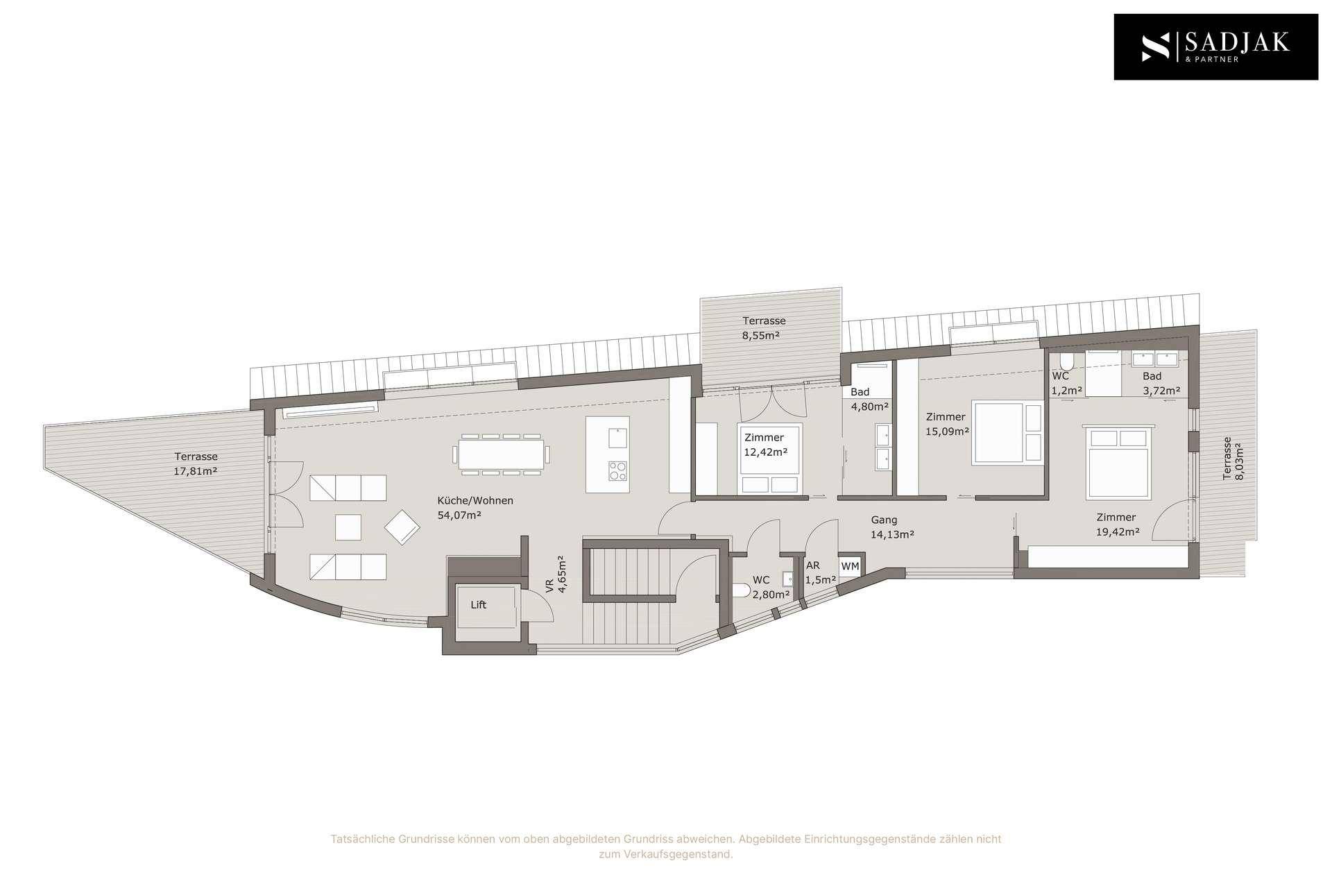 Detaillierter Grundriss einer Wohnung mit mehreren Zimmern und Terrassenbereichen.