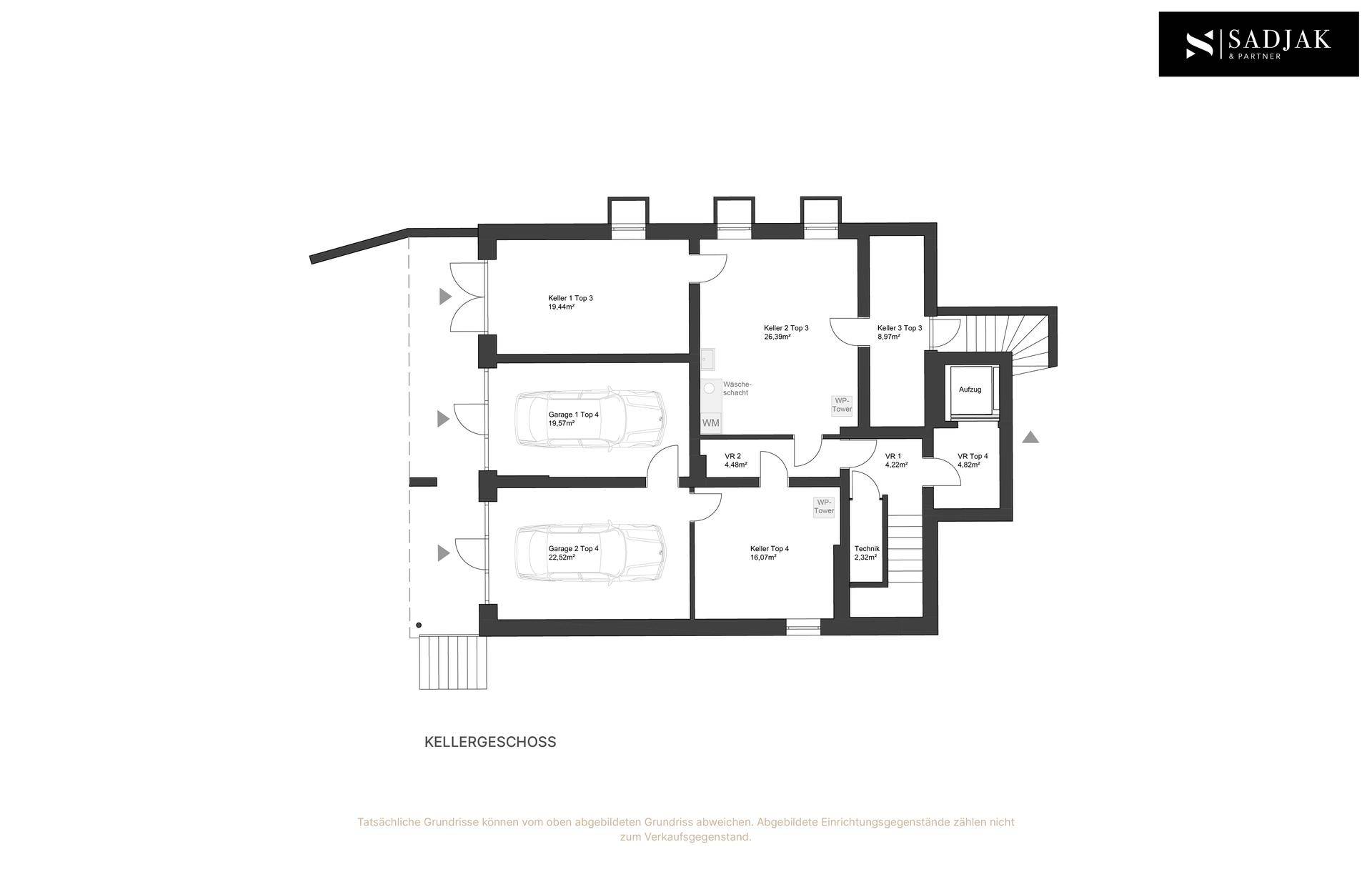 Grundriss des Kellergeschosses mit Garagenplätzen und Abstellräumen.