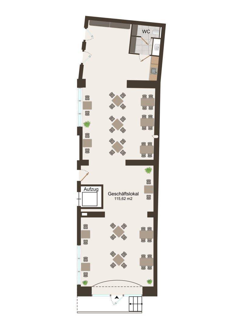 Detaillierter Grundriss eines Geschäftslokals mit Aufzug und WC-Bereich.