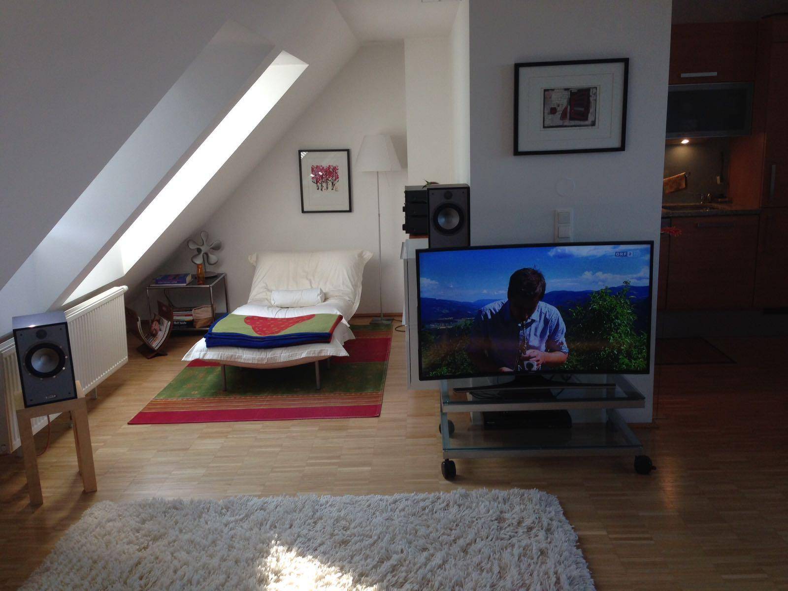 Gemütliches Wohnzimmer im Dachgeschoss mit Dachfenster, Fernseher und Holzboden.