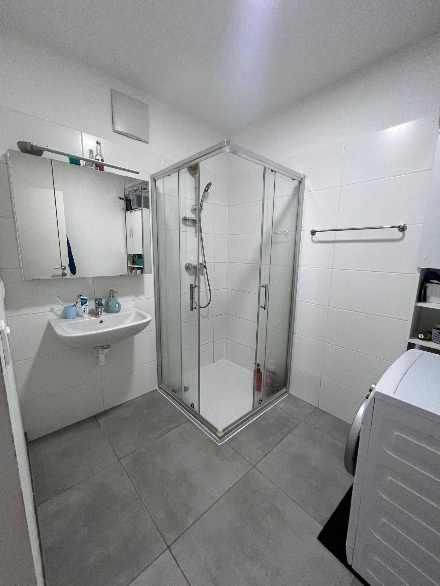 Helles Badezimmer mit Duschkabine, Waschbecken, Spiegelschrank und Waschmaschine.