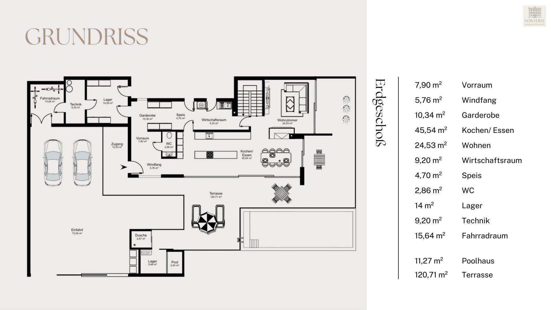 Grundriss des Erdgeschosses mit offenem Wohnbereich, Garage, Terrasse und Pool.