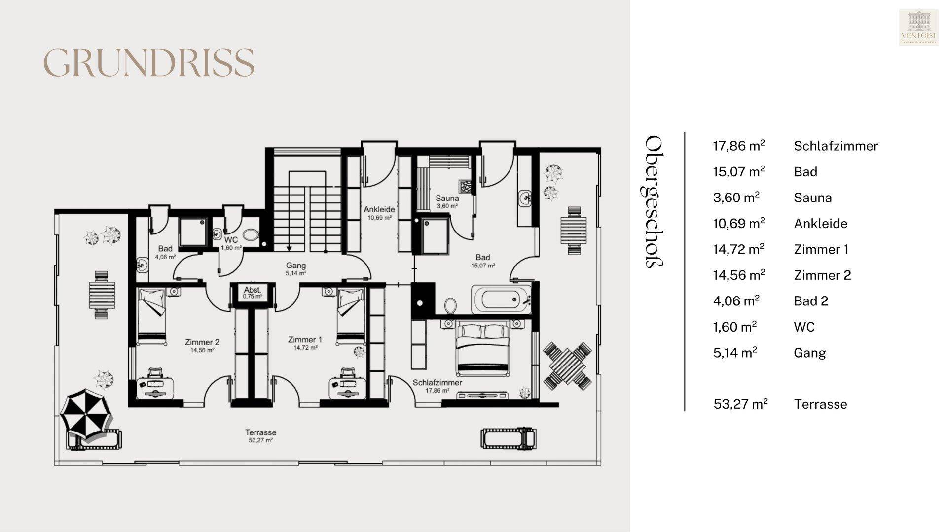 Grundriss des Obergeschosses mit Schlafzimmern, Bädern, Sauna und mehreren Terrassen.
