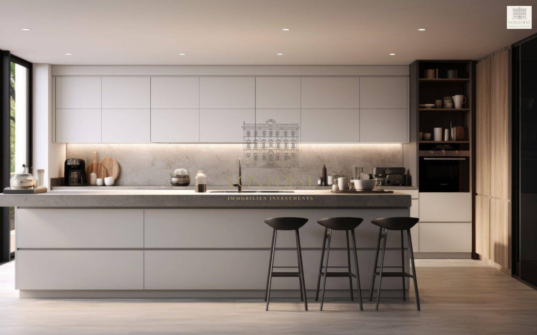 Moderne Küche mit Kücheninsel, integrierten Geräten und Barhockern in minimalistischem Design.