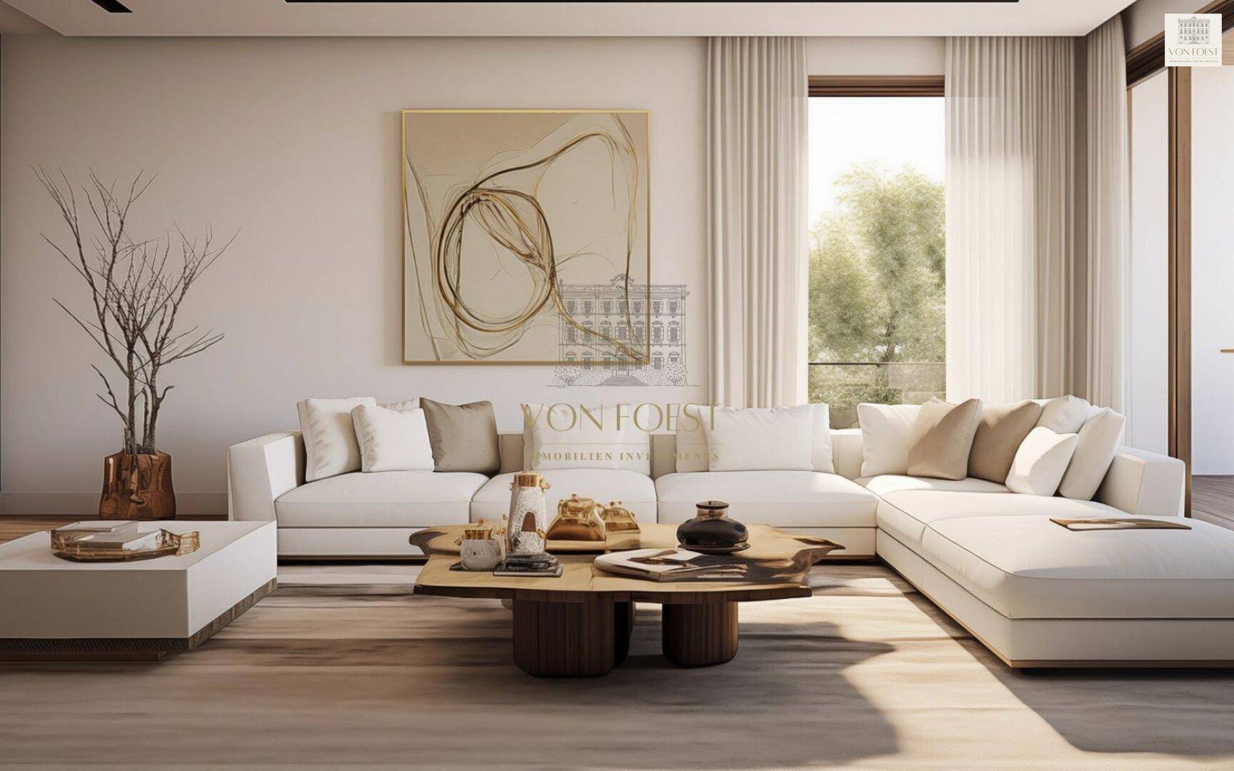 Helles, modernes Wohnzimmer mit großem Ecksofa, Holzboden und abstrakter Kunst.