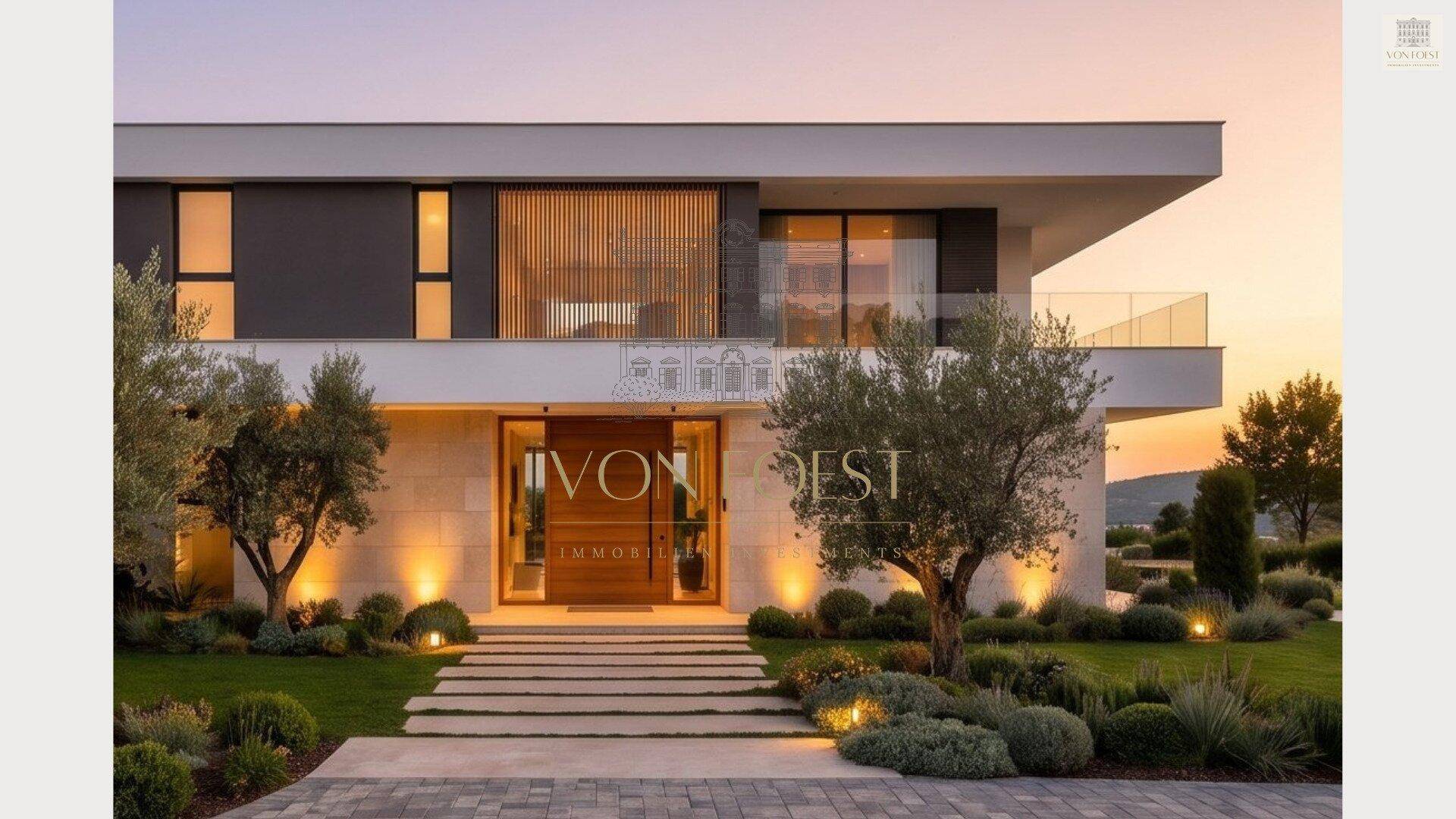 Frontansicht der modernen Villa mit elegantem Eingang und mediterran bepflanztem Vorgarten.