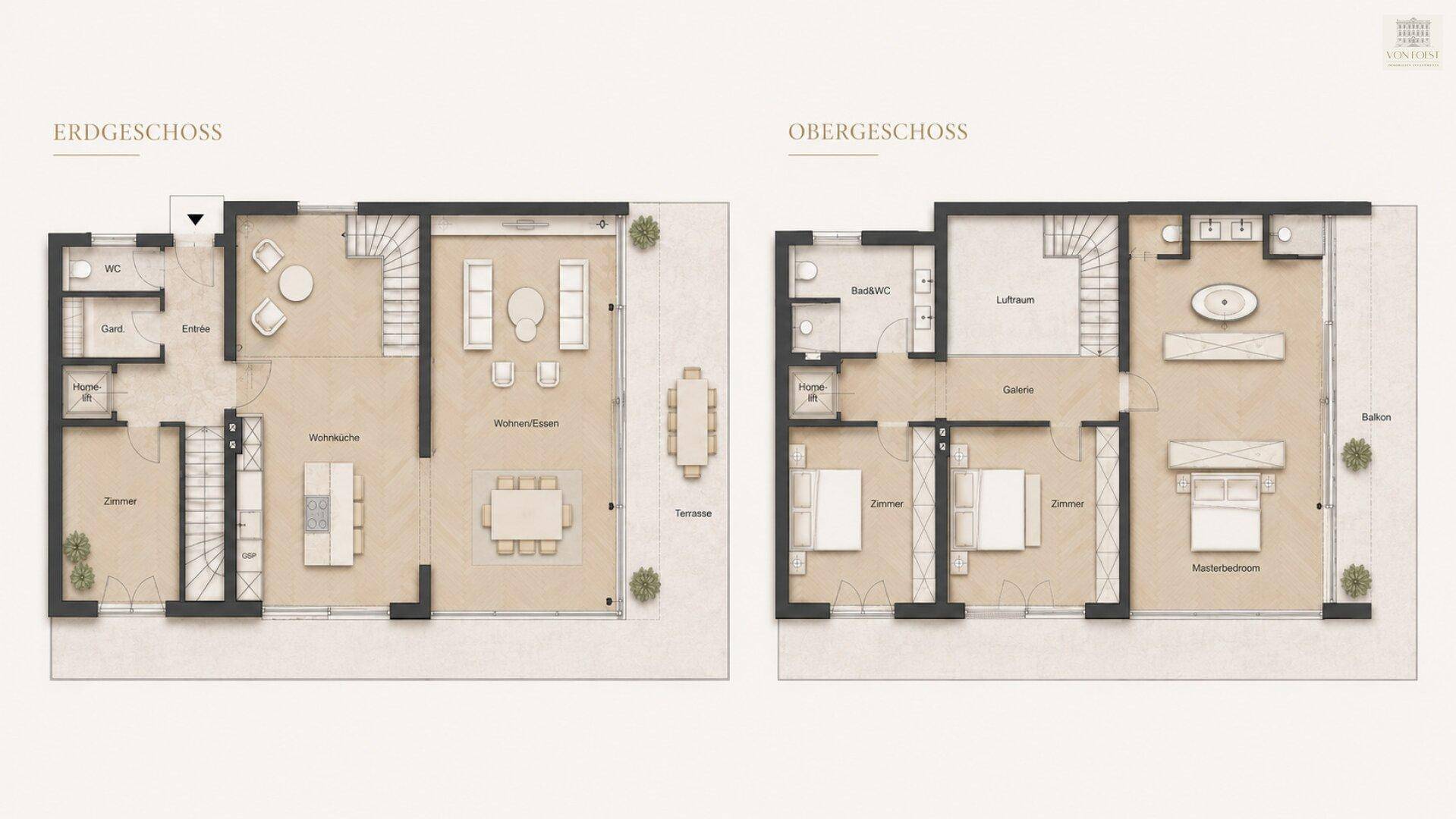 Grundrisspläne für Erdgeschoss und Obergeschoss einer modernen Villa mit offenem Wohnbereich.