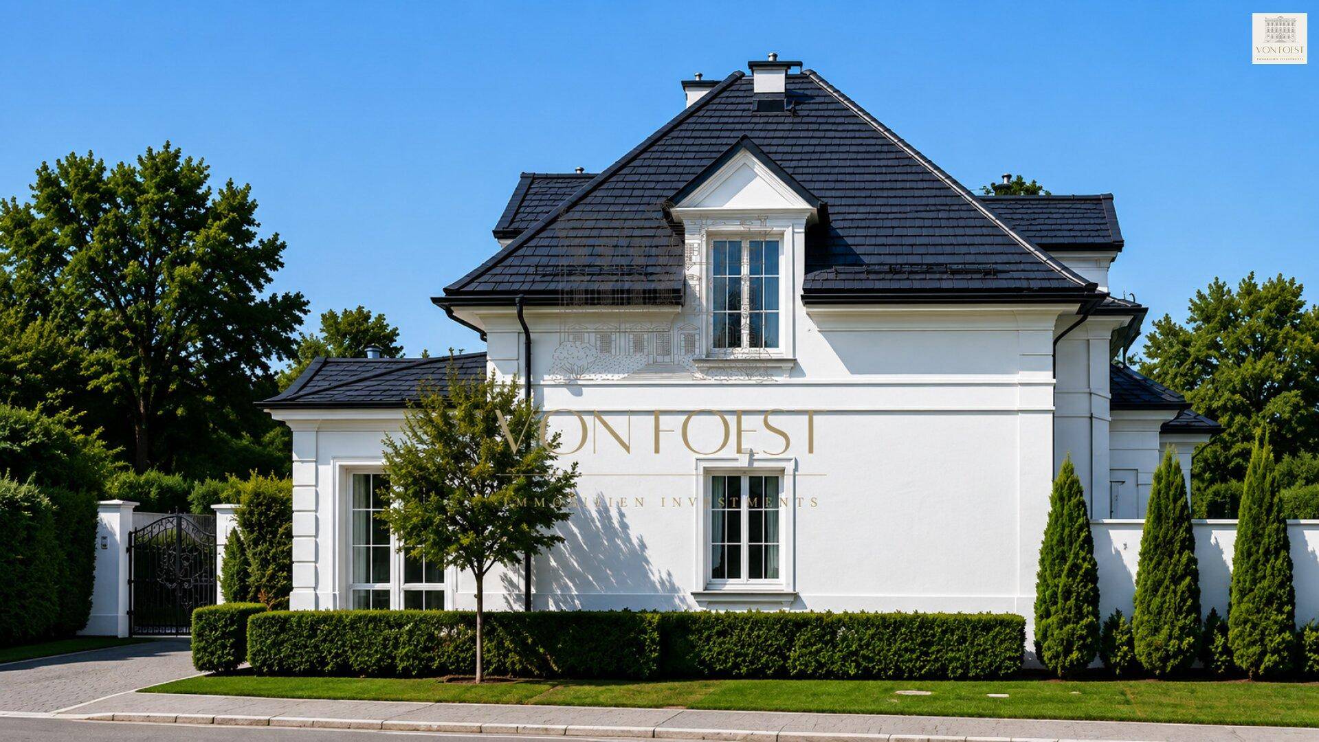 Seitenansicht der eleganten Villa mit weißer Fassade, dunklem Dach und gepflegter Bepflanzung.