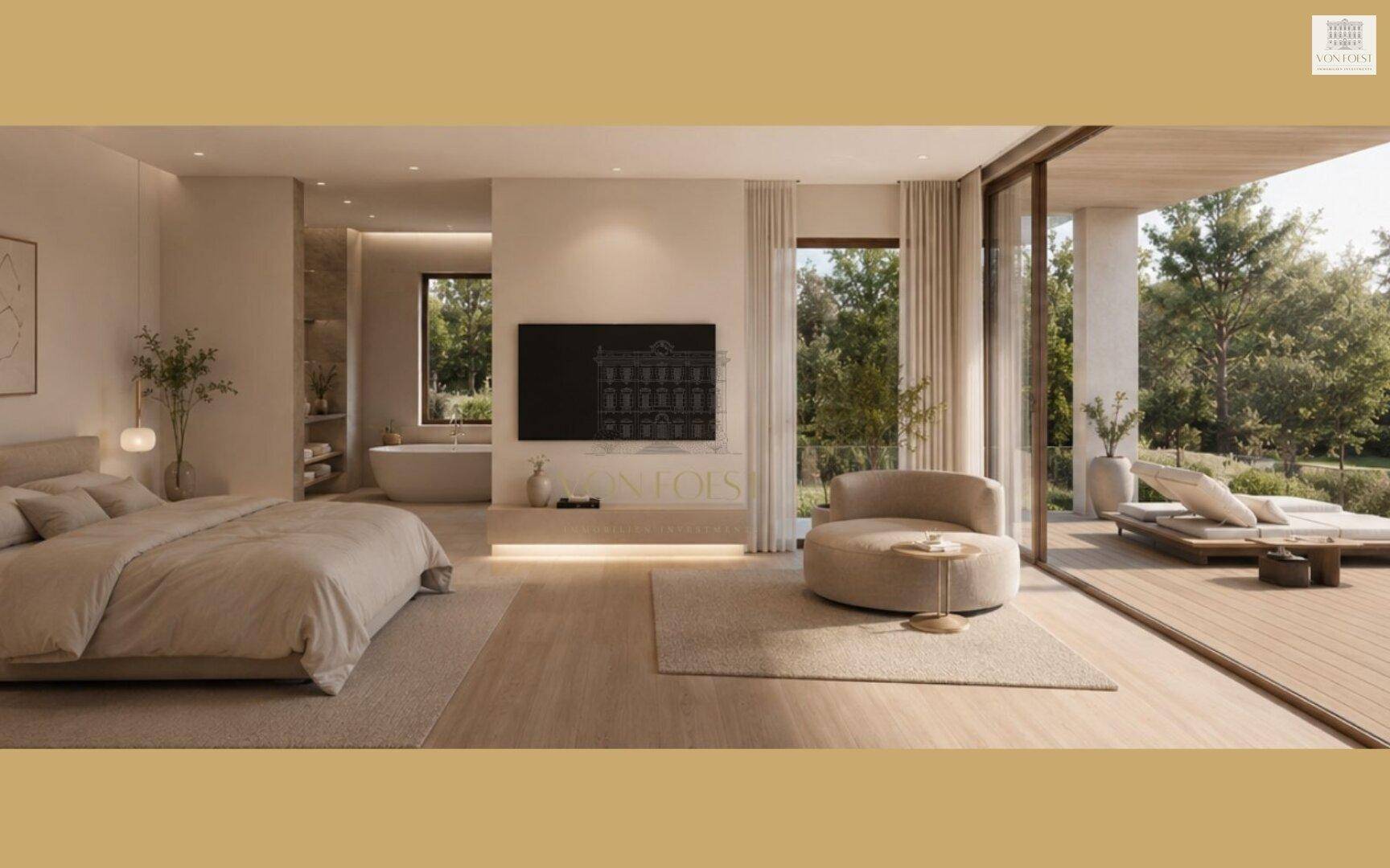 Helles Schlafzimmer mit Holzboden, integriertem Bad und Zugang zu einer Außenterrasse.