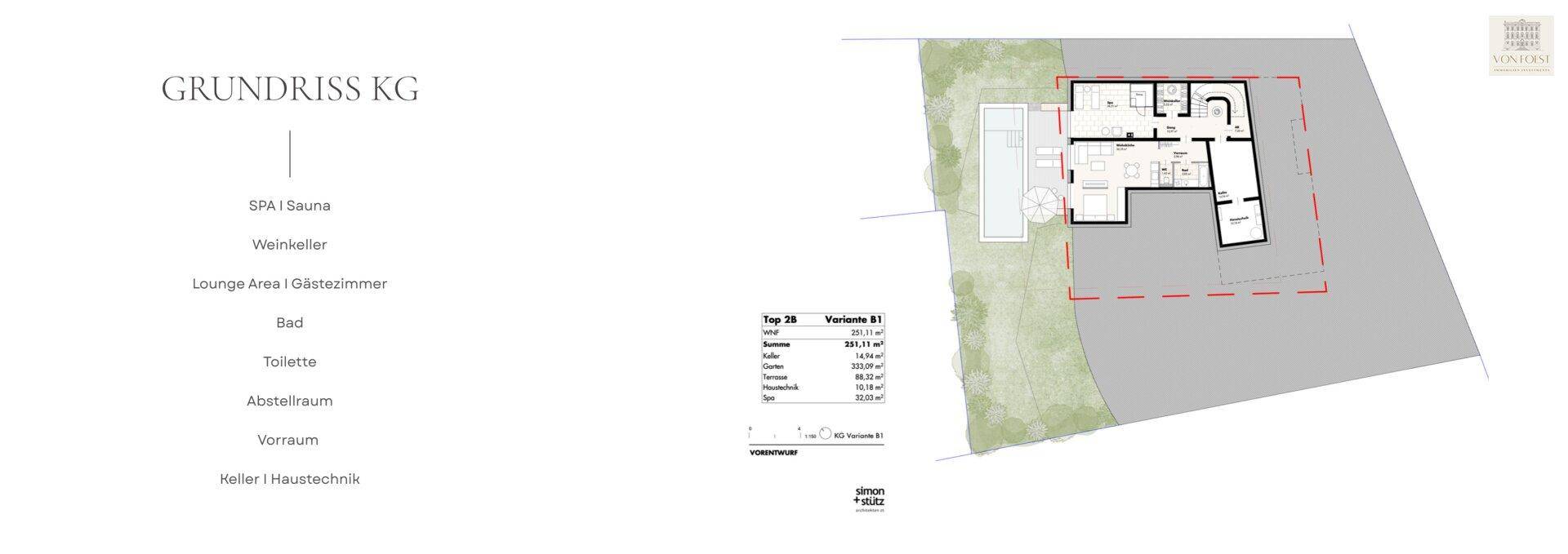 Grundriss des Kellergeschosses mit Spa, Sauna, Weinkeller und Gästezimmer.