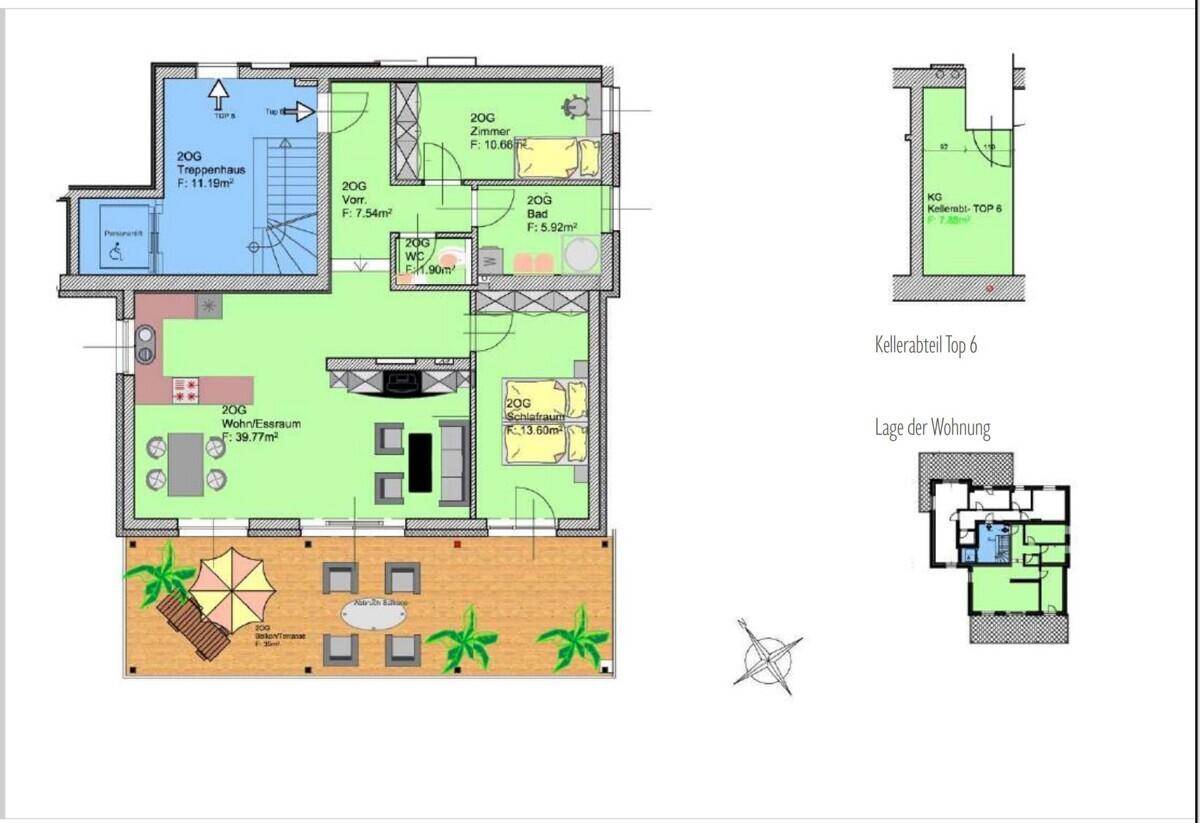 Detaillierter Grundriss einer Wohnung mit offenem Wohn-Essbereich, Schlafzimmer und großer Terrasse.