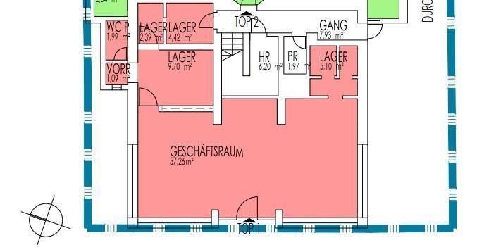 Grundriss eines Geschäftsraums mit mehreren Lagerräumen und einem Toilettenbereich, übersichtlich dargestellt.