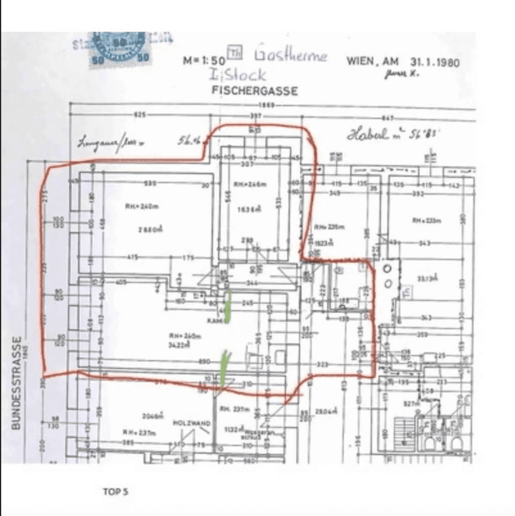 Detaillierter Grundrissplan einer Wohnung aus dem Jahr 1980 mit Raumaufteilung und Balkon.