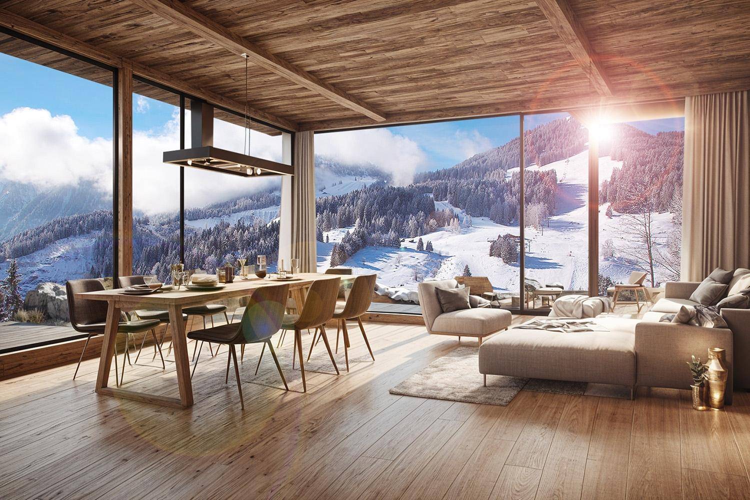 Heller Wohn-Essbereich mit Holzboden und Decke, bietet einen sonnigen Panoramablick auf die verschneite Bergwelt.